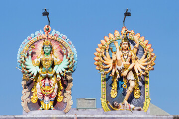 Statue of Aadi Shakti Goddess Durga and Lord Shiva on entrance of Nataraja Temple, Chidambaram,...