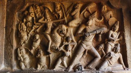 Mahishasuramardini cave interior, Durga on her tiger attacks the buffalo demon, Mahabalipuram, Tamilnadu, India