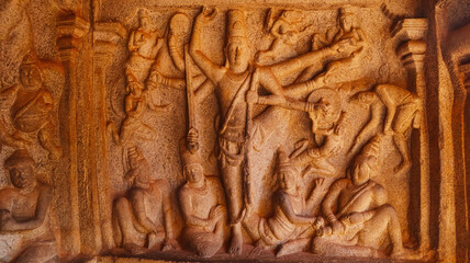 Varaha Cave, Trivikrama overcoming the demon King Bali, Mahabalipuram, Tamilnadu, India