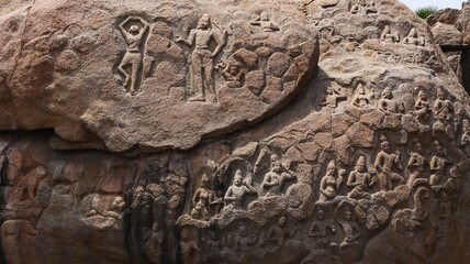 Ancient Rock Sculptures Called Arjuna's Penance, Found in 1st Century BCE Near Mahabalipuram, Tamilnadu, India