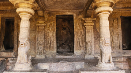 Mahishasuramardini cave interior, Lion pillars and view of sanctum, Tamil Nadu, India