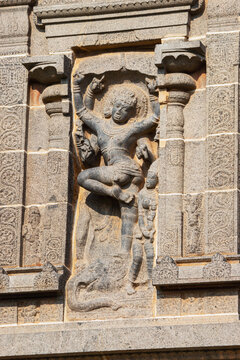 Lord Shiva sculpture as Gajasurasamhara, slayer of Elephant Demon on wall. Thillai Nataraja Temple or Chidambaram Nataraja temple,Chidambaram, Tamil Nadu, India