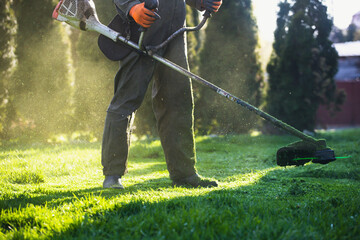 Lawn mover on green grass. Machine for cutting lawns.