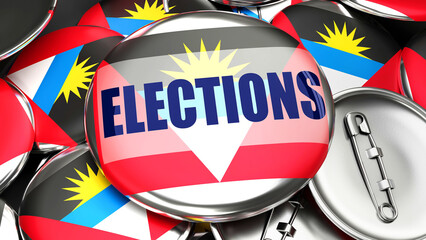 Antigua and Barbuda and Elections - dozens of pinback buttons with a flag of Antigua and Barbuda and a word Elections. 3d render symbolizing upcoming Elections in this country.,3d illustration - Powered by Adobe