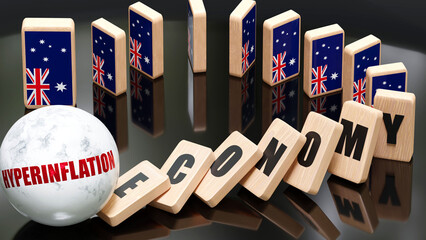 Australia and hyperinflation, economy and domino effect - chain reaction in Australia set off by hyperinflation causing a crash - economy blocks and Australia flag,3d illustration - obrazy, fototapety, plakaty