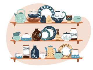 Ceramic cooking crockery. Decorative handmade kitchen utensils or tableware such as plates, cups, dishes. Cookware for food preparing, serving and decoration design hand drawn vector illustration
