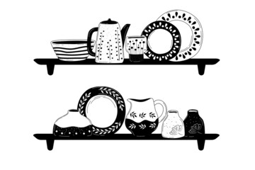 Ceramic cooking crockery. Decorative handmade kitchen utensils or tableware such as plates, cups, dishes. Cookware for food preparing, serving and decoration design hand drawn vector illustration.