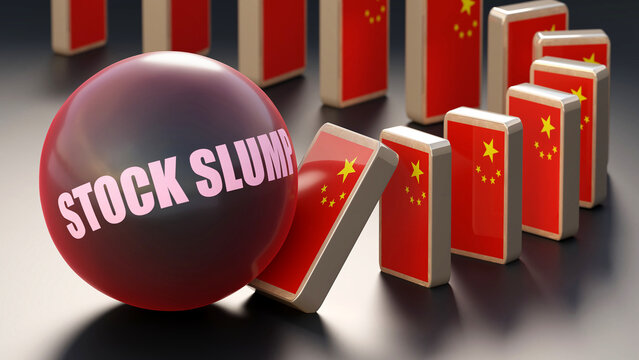 China and stock slump, causing a national problem and a falling economy. Stock slump as a driving force in the possible decline of China.,3d illustration