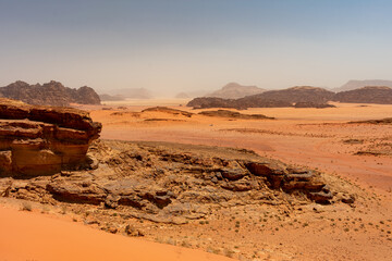 Wadi Rum, Jordan - June 7 2019: The lunar landscape of the Wadi Rum desert
