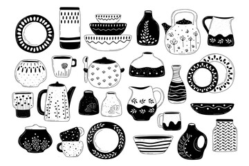 Ceramic dinnerware doodle tools. Kitchenware, cooking baking utensils. Collection vector isolated household objects illustration