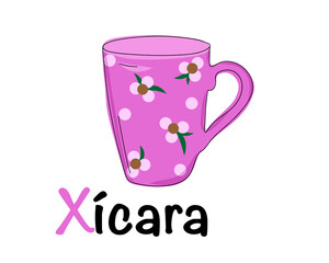 
Portuguese alphabet with a picture of a pink mug or cup. Translation from Portuguese: cup. Vector doodle hand drawn illustration