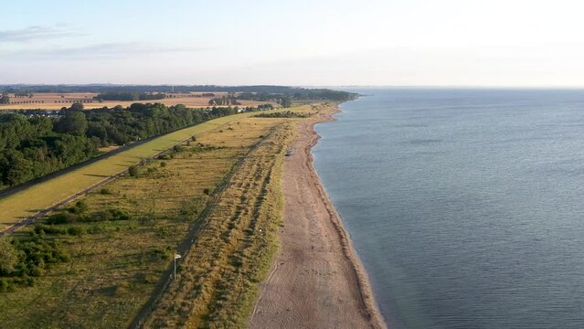 Dahme, Germany - July 31, 2021: Aerial drone view of Dahme Beach in Schleswig-Holstein.