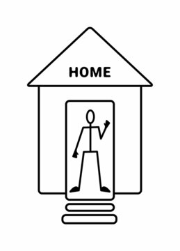 Schematic representation of a person waving in greeting in a house. Character on the threshold of his house. Illustration in outline style.