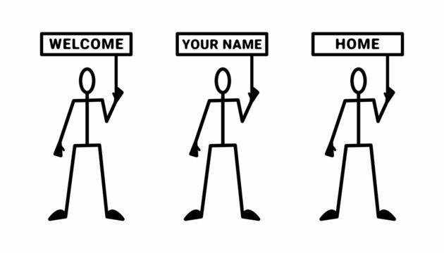 Schematically depicted people with signs of identification and greetings. People meeting visitors with signs. People with slogans on the plates. Illustration in outline style.