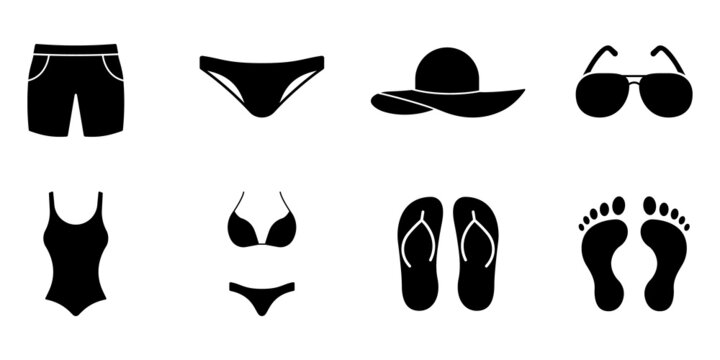 Summer Swimwear for Women and Men Black Silhouette Icon Set. One Piece Two Piece Swimsuit Short Hat Trunks Flip Flop Sunglasses Pictogram. Vacation Summer Wear Symbol. Isolated Vector Illustration