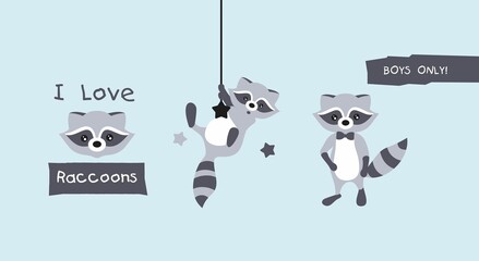 Vector illustration of cartoon raccoons. Gray striped raccoons on a light blue background. Posters for the children's room. A raccoon hangs on a rope. Only boys can. © Светлана Сидоренко