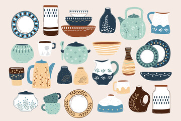 Ceramic cooking crockery. Decorative handmade kitchen utensils or tableware such as plates, cups, dishes. Cookware for food preparing, serving and decoration design hand drawn vector illustration.