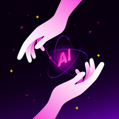 Hands Holding Artificial Intelligence Icon. Isometric Illustration, Gradient Background. Vector illustration