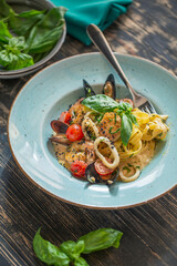Pasta with Seafood on White Background, Restaurant Seafood