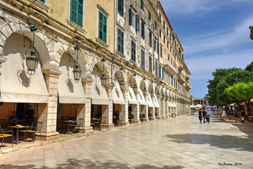 The famous and beautiful Liston lined with restaurants and bars in picturesque Corfu Town - Greece
