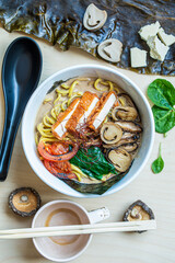 White Ramen Soup with Ingridients on White Background, Restaurant food