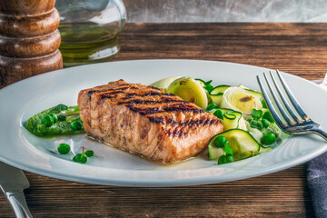 Salmon steak on White Plate, Restaurant Asian Food