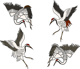 Crane and Japanese wave vector illustration for T-shirt.Traditional Chinese wave in circle.Beautiful line art of nature for printing on shirt.Asian art for doodle and painting on background.