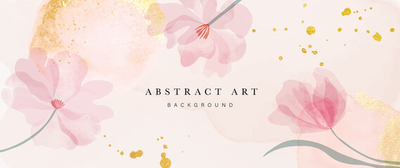 Fototapeta na wymiar Spring floral in watercolor vector background. Luxury wallpaper design with pink flowers, line art, golden texture. Elegant gold blossom flowers illustration suitable for fabric, prints, cover.