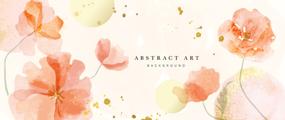 Spring floral in watercolor vector background. Luxury wallpaper design with orange flowers, line art, golden texture. Elegant gold blossom flowers illustration suitable for fabric, prints, cover. - obrazy, fototapety, plakaty