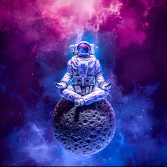Astronaut meditating on moon - 3D illustration of science fiction space suited figure in yoga lotus pose on small asteroid in outer space - 508394037