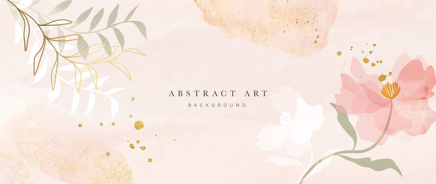Spring floral in watercolor vector background. Luxury wallpaper design with pink flowers, line art, leaf branch. Elegant gold blossom flowers illustration suitable for fabric, prints, cover.
