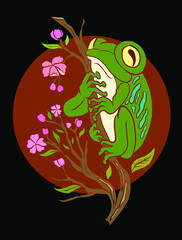 Japanese frog and cherry blossom illustration on white background.