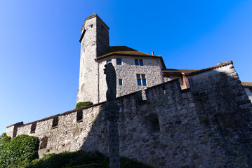 Fototapeta na wymiar Medieval castle of Rapperswil-Jona at the old town on a sunny spring day. Photo taken April 28th, 2022, Rapperswil-Jona, Switzerland.