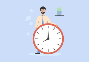 Concept Of Business Planning, Scheduling, Compliance With Deadlines, Time Management, Setting Priority Tasks. Businessman Stands Near Huge Clock In The Office. Cartoon Flat Style Vector Illustration