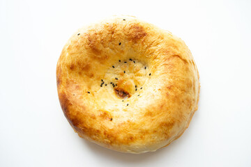 Armenian pita. Fresh white flatbread isolated on a white background. The national Armenian bread.