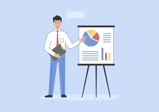 Concept Of Business Seminar And Presentation. Man Doing Professional Training About Marketing And E-commerce. Character Shows Information On Chart Or Diagram. Cartoon Flat Style. Vector Illustration