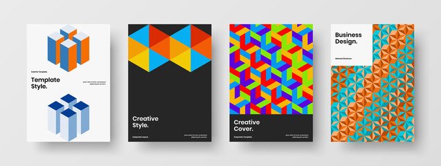 Fototapeta premium Bright flyer A4 vector design concept set. Modern geometric pattern company brochure illustration collection.