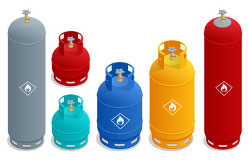 Isometric set of Cooking gas cylinders. Production, delivery and filling with natural gas of lpg gas bottle or tank. - obrazy, fototapety, plakaty