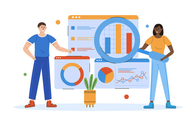 Data science concept. Woman with magnifying glass and man. Look at infographic. Vector illustration