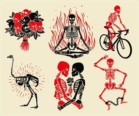 Skeletons` Logos Collection For T-shirt and Denim. Skeletons` Dance in the Stocks, skeletons of the lovers, the Yoga, the Bicyclist, skeleton of an ostrich, and the bouquet with Skulls. Vector. - 508395602