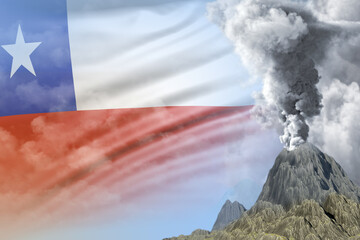 volcano eruption at day time with white smoke on Chile flag background, suffer from natural disaster and volcanic earthquake concept - 3D illustration of nature