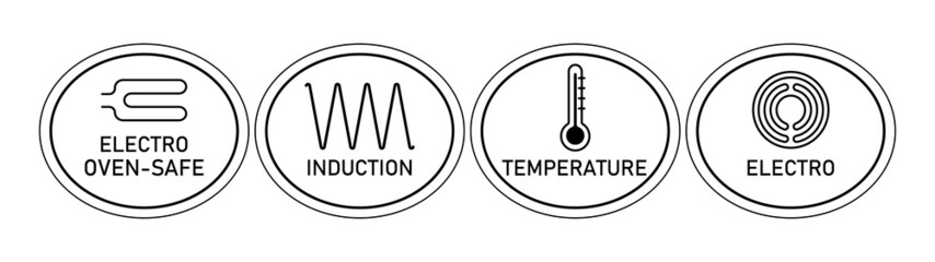 Cookware labeling icons. Electric oven-safe , induction, temperature, electro. To designate a surface, a coating. Vector illustration isolated on white background, black and white line