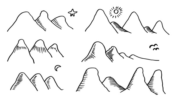 Hand Drawn mountains vector illustration set, landscape nature silhouette, engraving style, hand drawn vector illustration. 