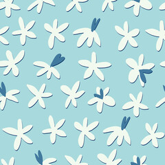 Seamless pattern with field flowers in the style of minimalism for textile, fashion design. Vibrant colors, blue background. Night meadow concept