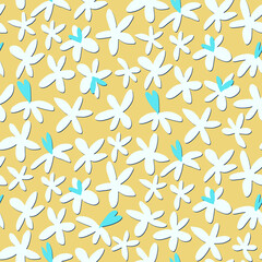 Seamless pattern with field flowers in the style of minimalism for textile, fashion design. Vibrant colors, yellow background. Night meadow concept