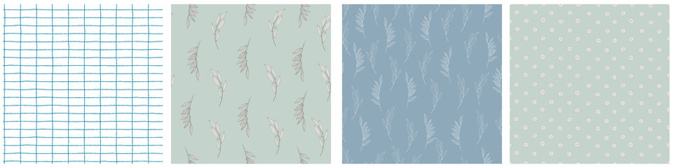 Seamless patterns set with elm tree branches and leaves on light background for surface design, wallpaper, fabrics, home decor. Monochrome pastel realistic line art