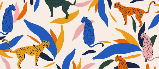 Cute and modern wildlife pattern with leopards. Leopards and colorful leaves decorative vector illustration design	