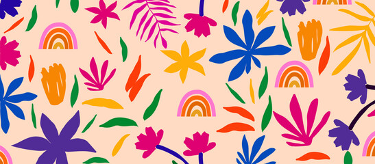 Colorful organic shapes doodle collection. Cute botanical shapes, random childish doodle cutouts of tropical leaves, rainbows and flowers, decorative abstract art vector illustration	