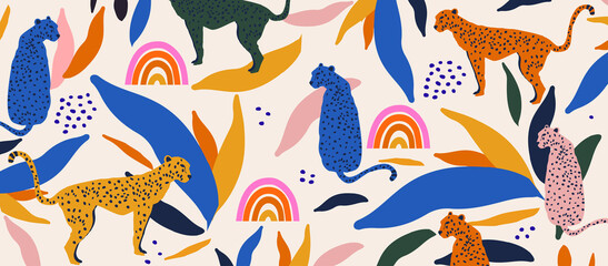 Cute and modern wildlife pattern with leopards. Leopards and colorful leaves decorative vector illustration design	