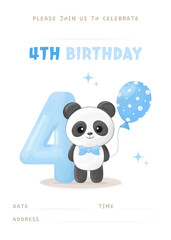 Birthday party invitation template with gap for filling, cute little panda boy, figure four, blue balloon and bow tie. Vector illustration	